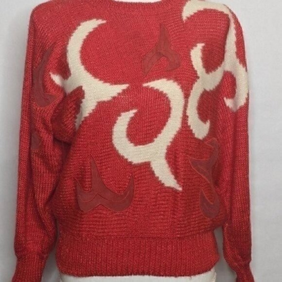 Vintage 80s 90s Ginenne Pullover Sweater Medium Angora Red Suede Crewneck - Picture 3 of 7